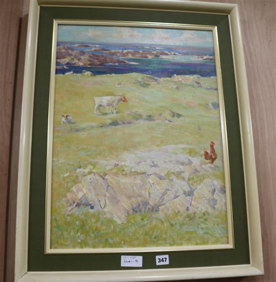 Henry Young Alison (1889-1972) Chickens and cattle in a coastal field 60 x 44cm